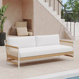 Ropipe Woven Rope Outdoor Sofa 3-Seater Sofa with White Polyester Pillow Cushion White;Khaki