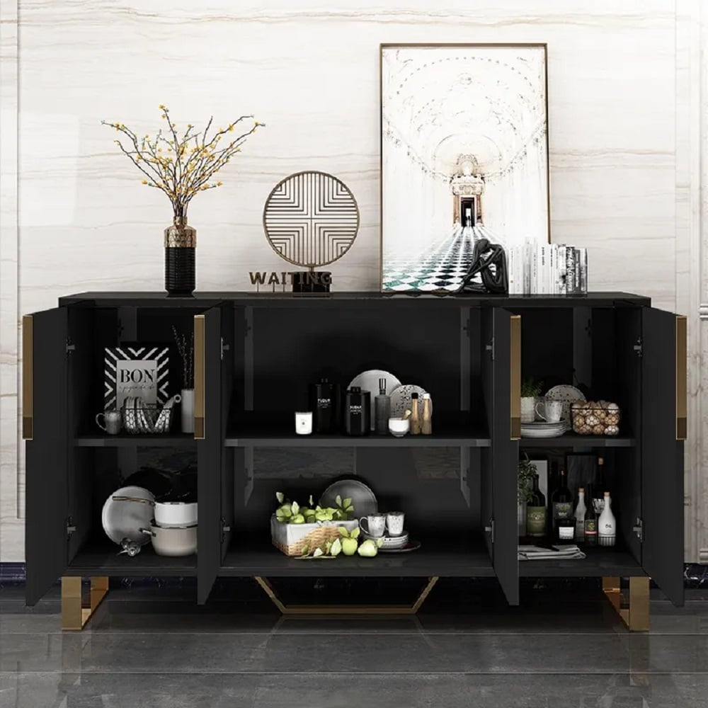 Aro Contemporary Sideboard Buffet 4-Door Sideboard Table Kitchen Buffet Table Black