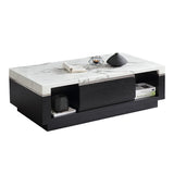 Modern Marble Coffee Table Black & White with Storage & Drawers in Wood White