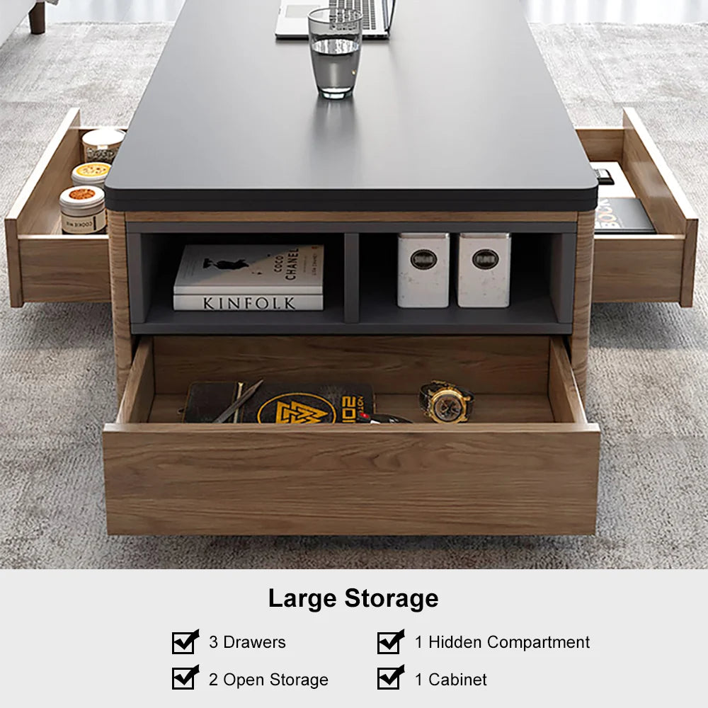 Modern Lift Top Coffee Table Multi Functional Table with Drawers & Shelves & Upholstered Stool Table Only