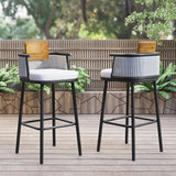 2 Pieces Outdoor Patio Teak & Aluminum 41" Bar Stools Set with Backs White & Black