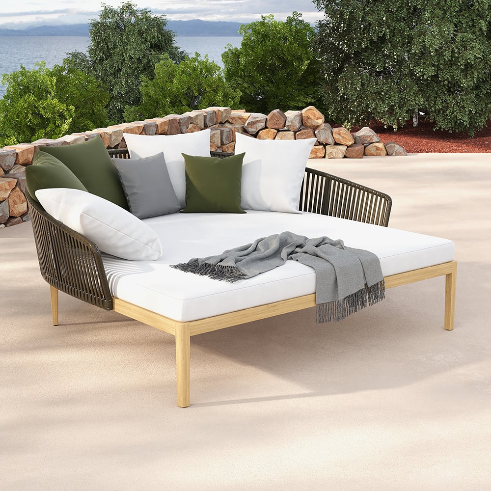 Modern Style Rattan Outdoor Daybed with Cushion Pillow in White White & Coffee