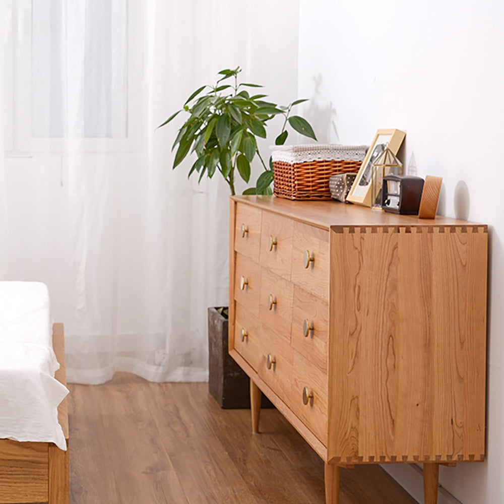 Rustic Bedroom Dresser with 9 Drawers Wooden Chest of Drawers with Gold Knobs Cherry