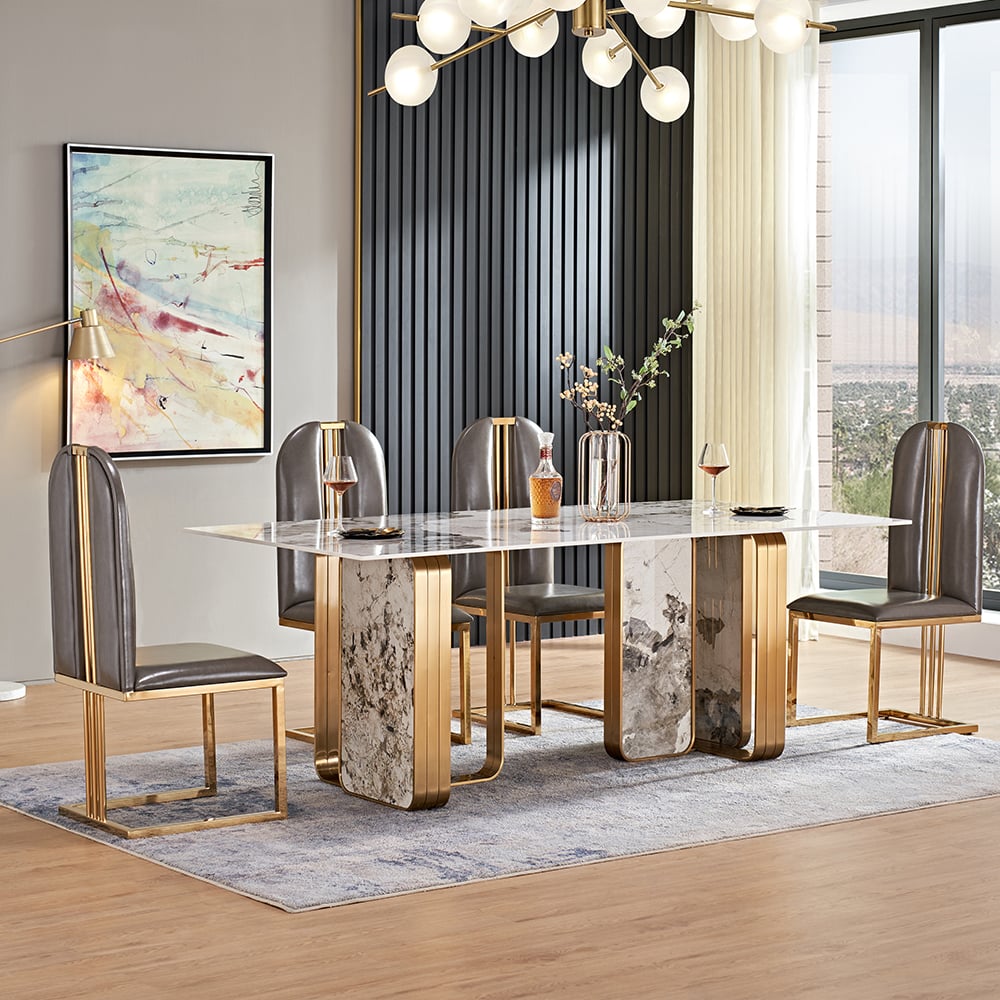 Carice Contemporary Rectangle Sintered Stone & Stainless Steel Dining Table Pandora & Gold