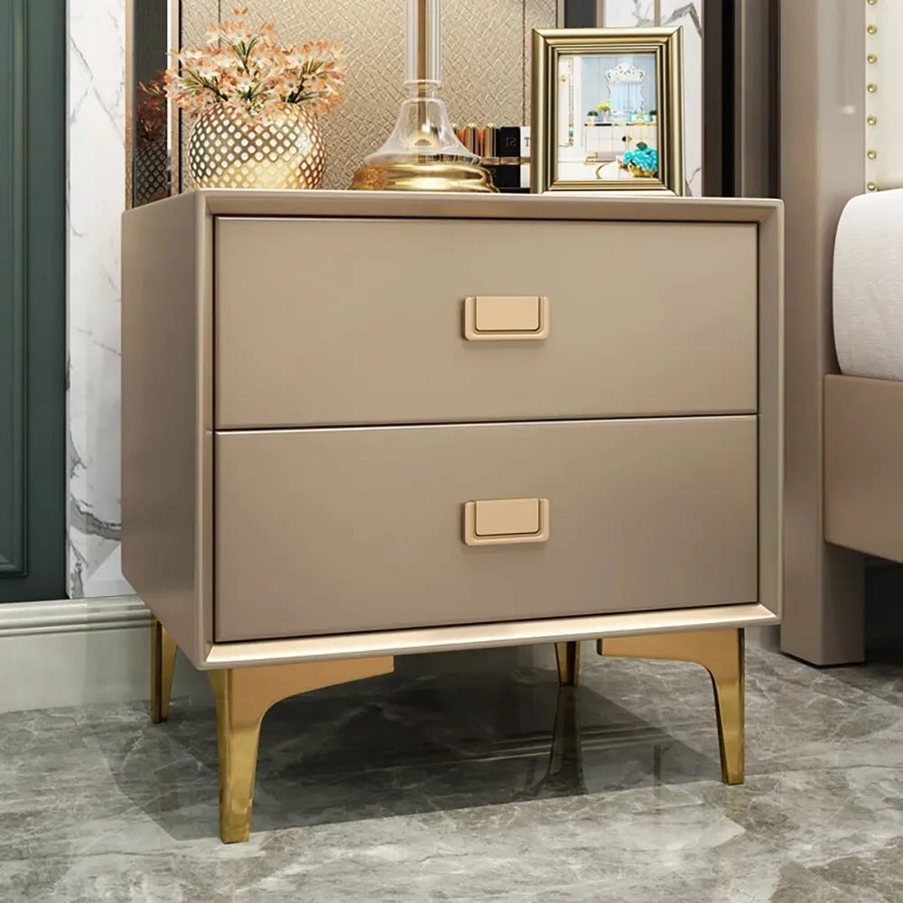 Modern Nightstand 2-Drawer Bedside Table in Gold Finish Champagne