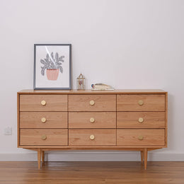 Rustic Bedroom Dresser with 9 Drawers Wooden Chest of Drawers with Gold Knobs Cherry