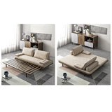 Mid Century Modern Pull Out Sofa Bed Wood Convertible Sleeper Sofa Cotton & Linen Khaki