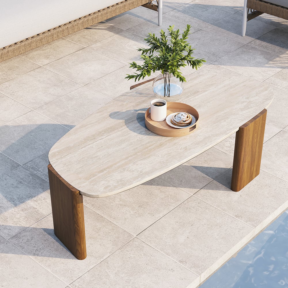 Modern Geometric Beige Outdoor Patio Travertine Coffee Table with Wood Stand in Walnut Walnut