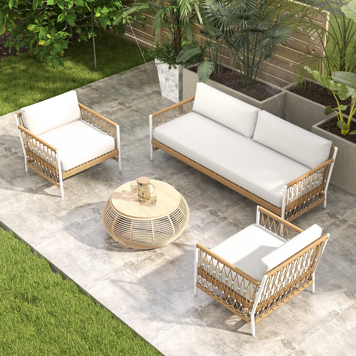 Ropipe Woven Rope Outdoor Sofa 3-Seater Sofa with White Polyester Pillow Cushion White;Khaki