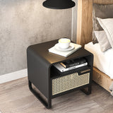 Minimalist Black Nightstand Rattan Woven Bedside Table with 1 Drawer Black