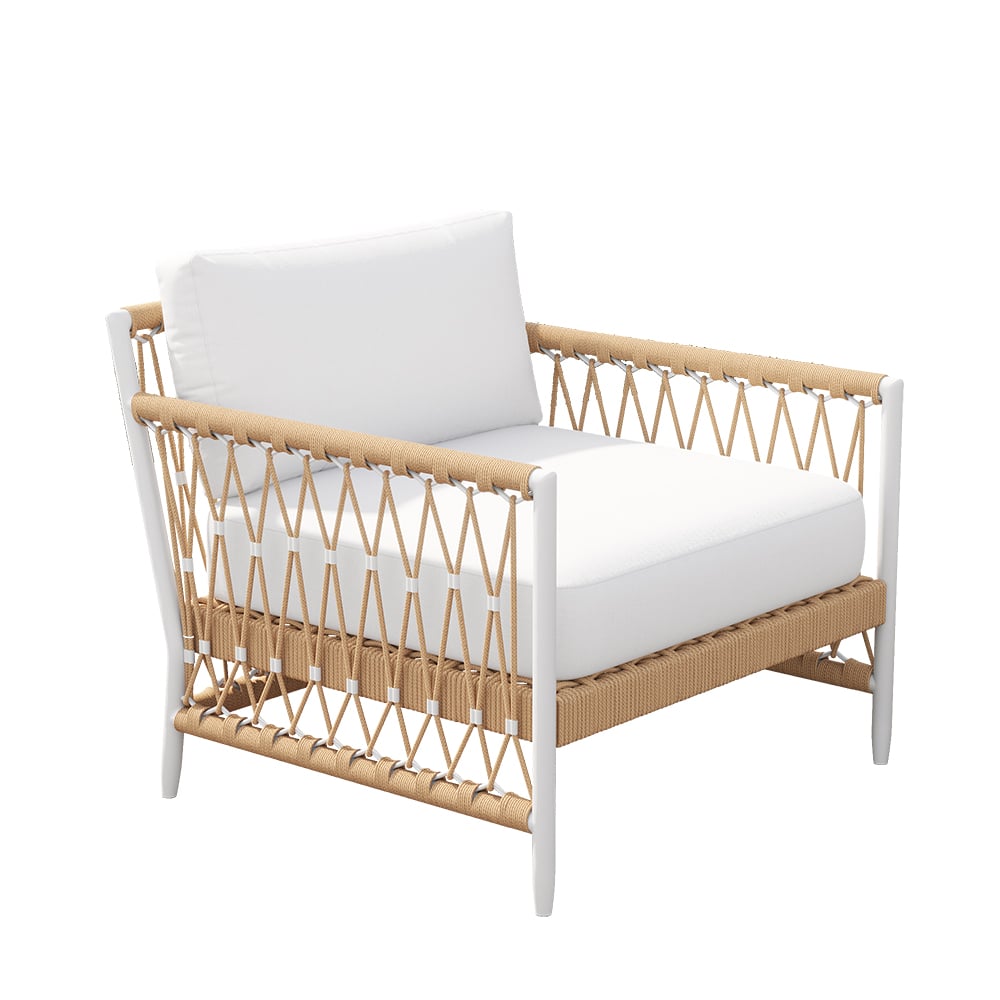 Ropipe Woven Rope Outdoor Armchair Accent Chair with White Polyester Cushion White