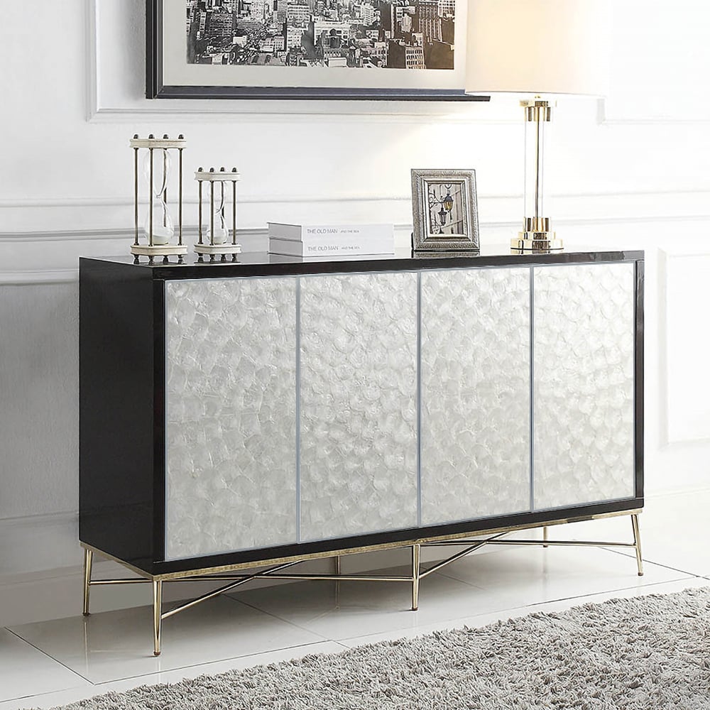 Modern Sideboard Buffet White Natural Shell Surface with Doors & Shelves White & Black