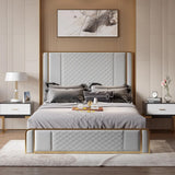 Platform Bed Faux Leather Bed with Wood Slats Support Gray