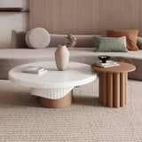 Yarnic 2-Piece Round Wood Coffee Table Set with Fluted Base in White & Walnut White & Walnut