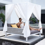 White Aluminum & Gray Woven Rope 2-Person Outdoor Patio Daybed with Canopy Curtains White & Gray