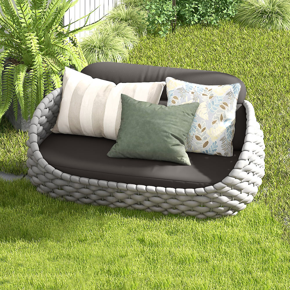 Tatta 2-Seater Woven Rope Outdoor Sofa Patio Loveseat Removable Cushion Gray & Black Gray