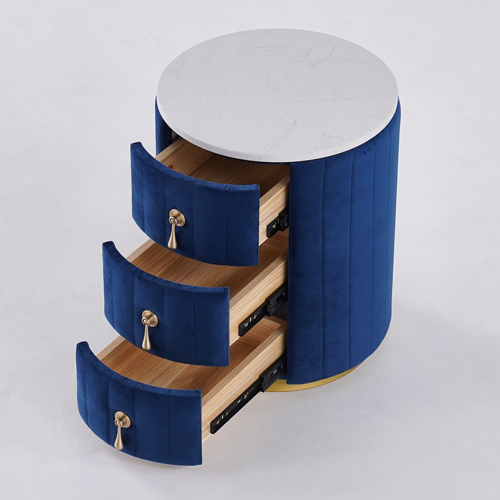 Modern Velvet Nightstand with Storage Sintered Stone Top Round Nightstand with 3 Drawers Blue