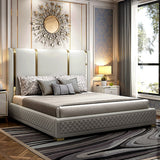 Faux Leather Upholstered Bed Sunken Metal and Wood Bed Frame Off-White