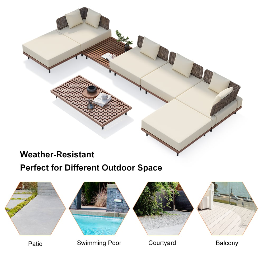 8Pcs Teak & Aluminum & Rattan Outdoor Sectional Sofa Set with Coffee Table and Cushion Complete Set