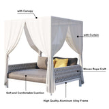 White Aluminum & Gray Woven Rope 2-Person Outdoor Patio Daybed with Canopy Curtains White & Gray