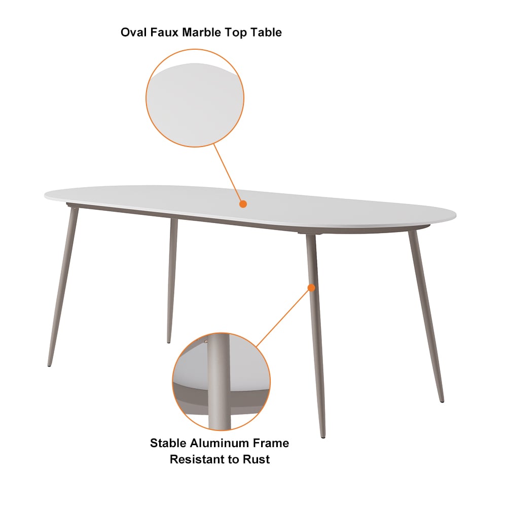 6 - Person Oval Faux Marble Top & Aluminum Outdoor Patio Dinning Table in White & Gray White & Gray