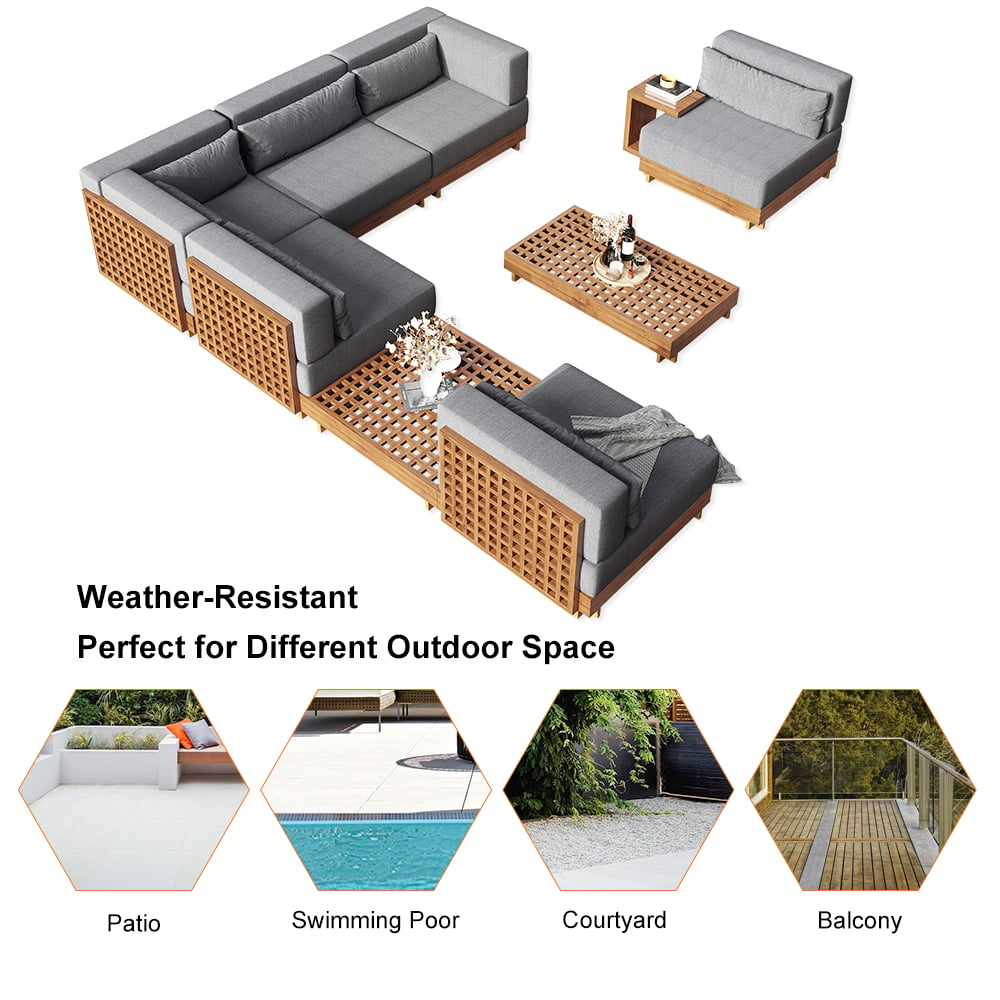 9 Pieces Teak Modular Outdoor Patio Sectional Sofa Set with Coffee Table and Cushion Gray