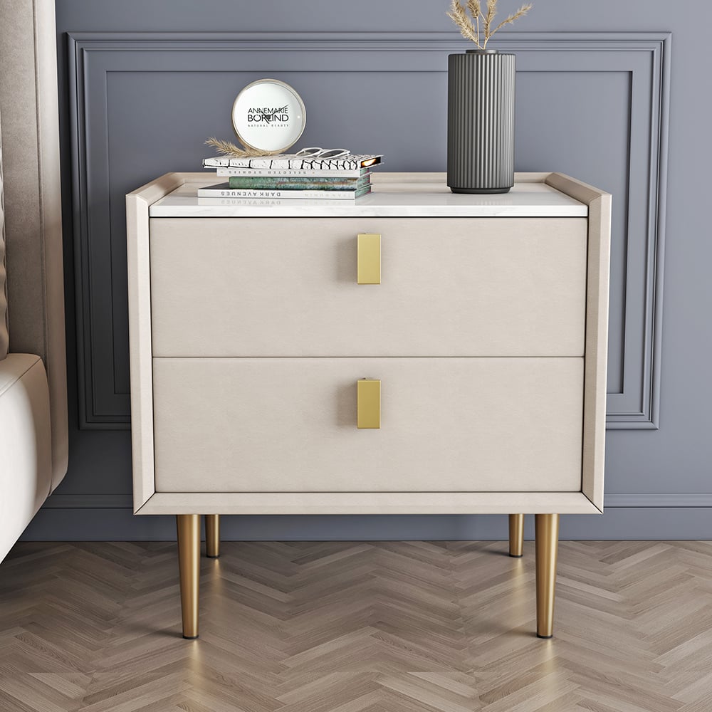 Modern Nightstand with 2 Drawers PU Leather Nightstand with Glod Legs White