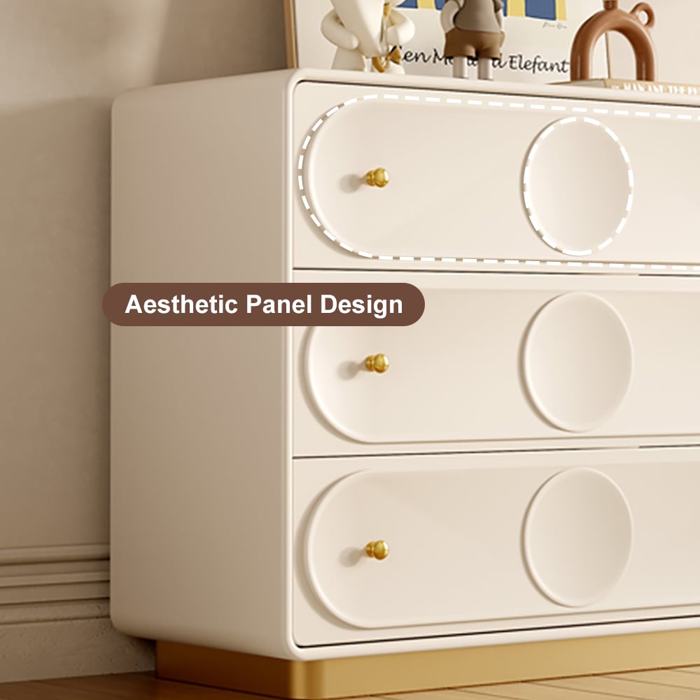 Luxurious Art Deco Cream Dresser – 6 Drawer Horizontal Storage Cabinet with Gold Accents White