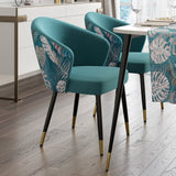 Upholstered Velvet Dining Chair Curved Back Modern Arm Chair Greenish Blue