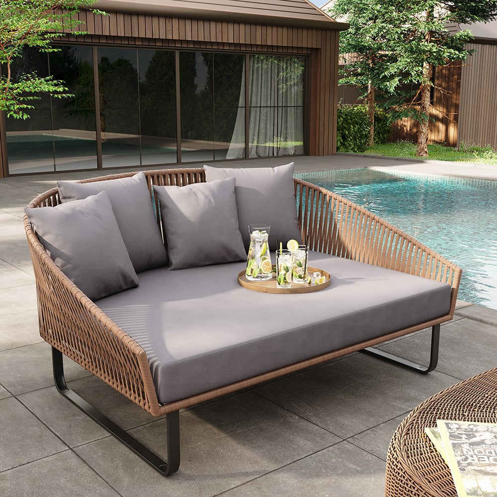 63" Rattan Outdoor Daybed with Gray Cushion Pillow Aluminum Frame Khaki