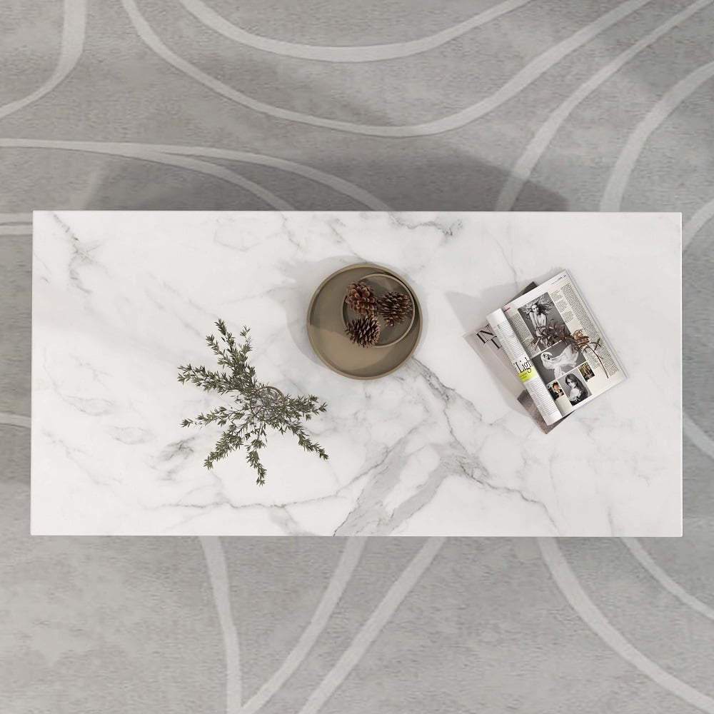 Modern Marble Coffee Table Black & White with Storage & Drawers in Wood White