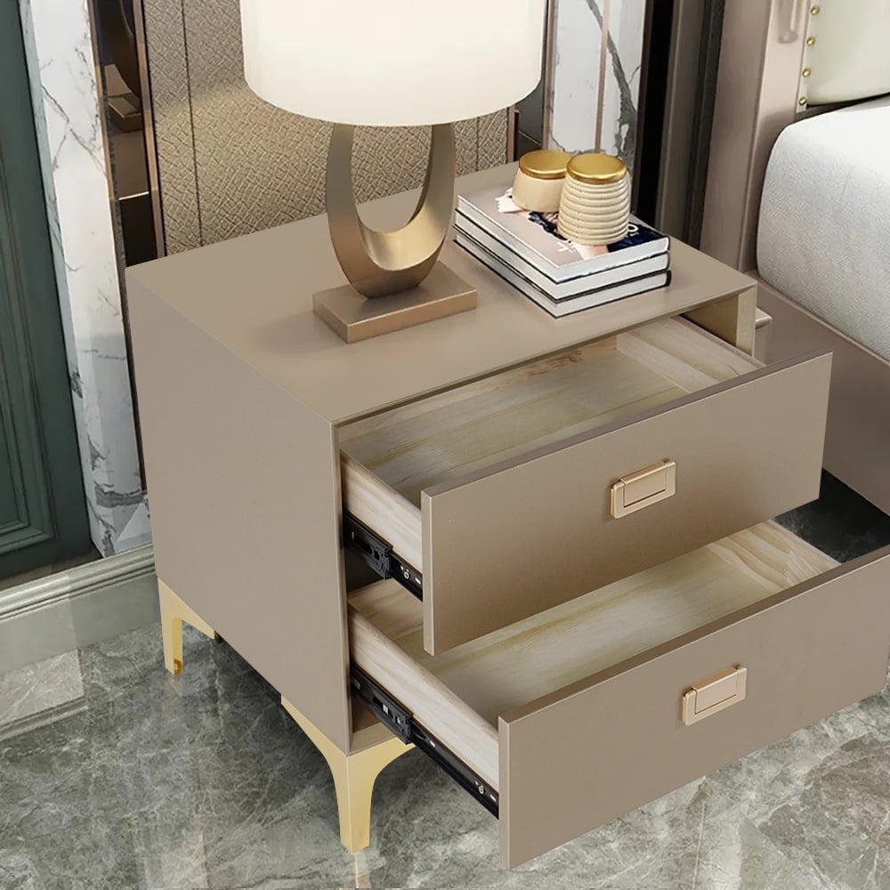 Modern Nightstand 2-Drawer Bedside Table in Gold Finish Champagne