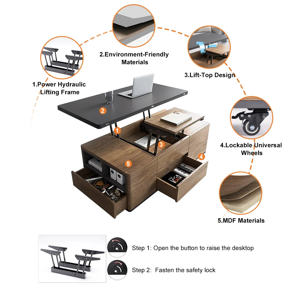 Modern Lift Top Coffee Table Multi Functional Table with Drawers & Shelves & Upholstered Stool Table Only