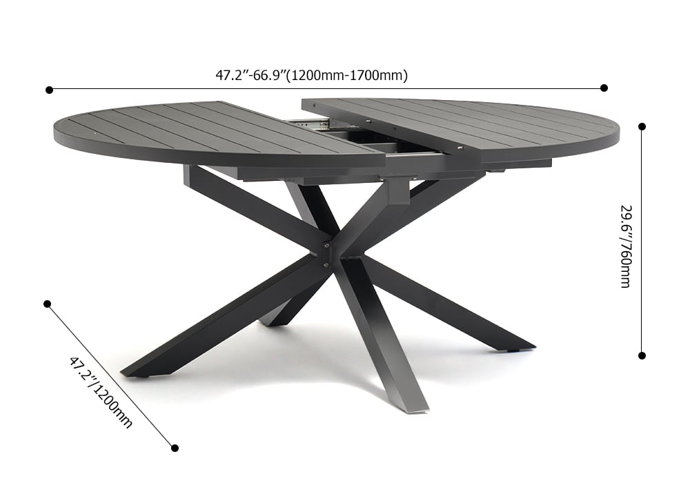 Outdoor Extendable Round Trestle Dining Table with Aluminum Frame in Black Black