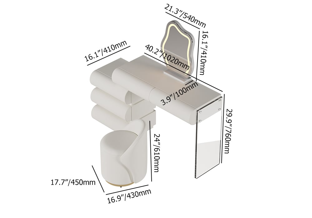 Humply White Modern Makeup Vanity Set With Small Mirrored Vanity Desk And Chair Off-White