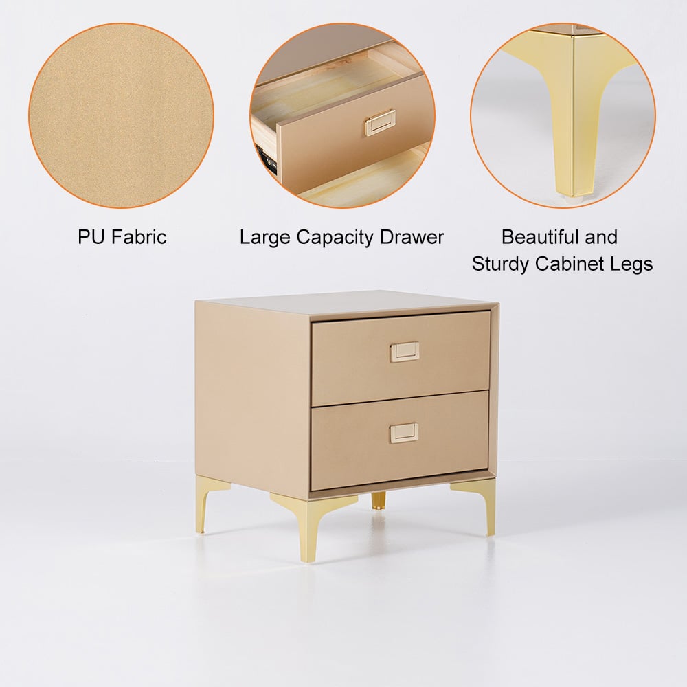 Modern Nightstand 2-Drawer Bedside Table in Gold Finish Champagne