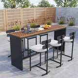 7 Pieces Rectangle Outdoor Patio Bar Dining Set with Teak Table and Chairs for 6 Person Natural & Black
