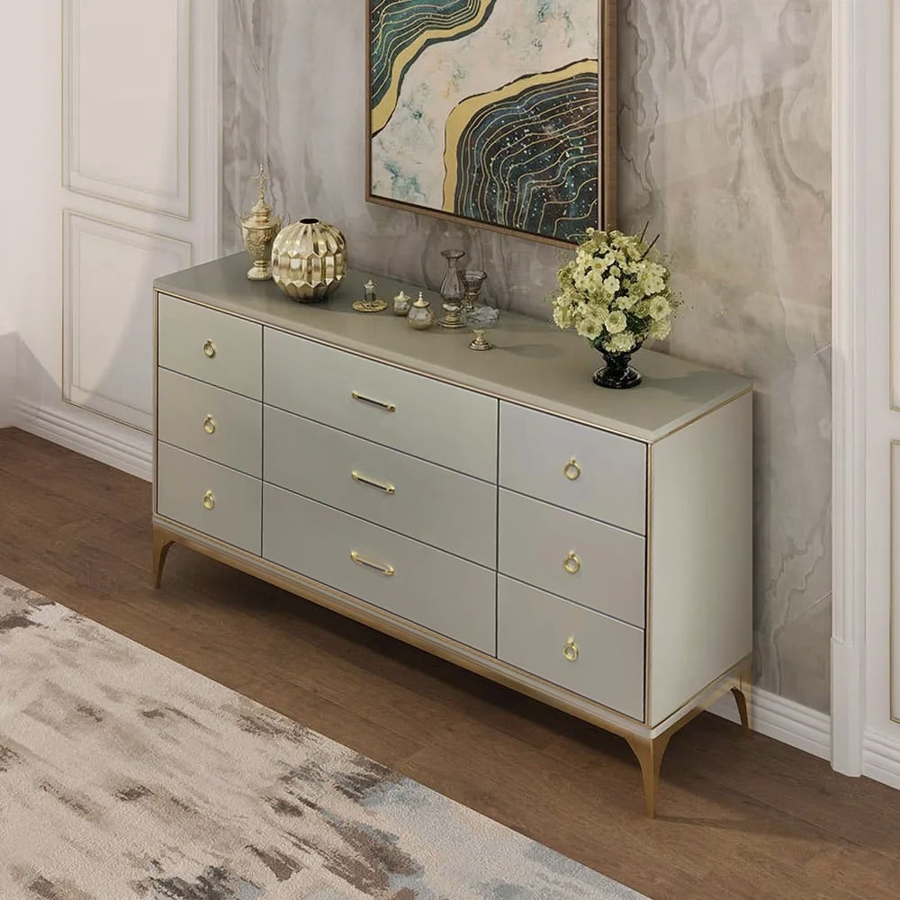 Contemporary 9-Drawer Champagne Bedroom Dresser for Storage in Gold Metal & MDF & Solid Wood & Brass