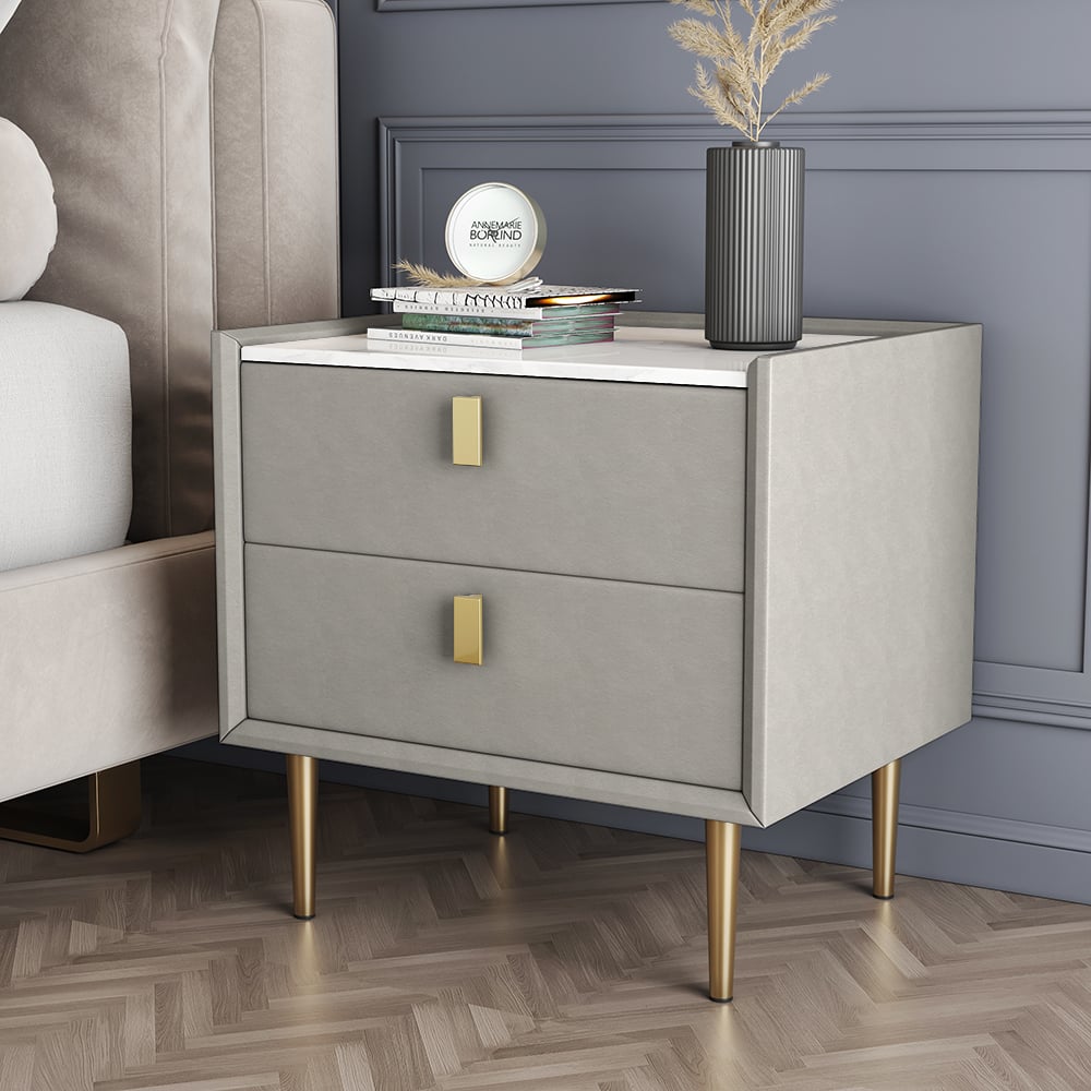 Modern Nightstand with 2 Drawers PU Leather Nightstand with Glod Legs Light Gray