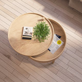 Modern Round Wood Rotating Tray Coffee Table with Storage & Metal Legs Natural