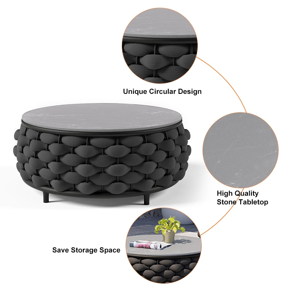 Tatta Sintered Stone-top Round Coffee Table with Textilene Rope Woven Base Black