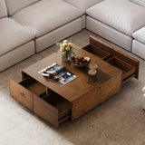 Japandi Square Coffee Table with 4 Drawers Storage & Wooden Pedestal Distressed