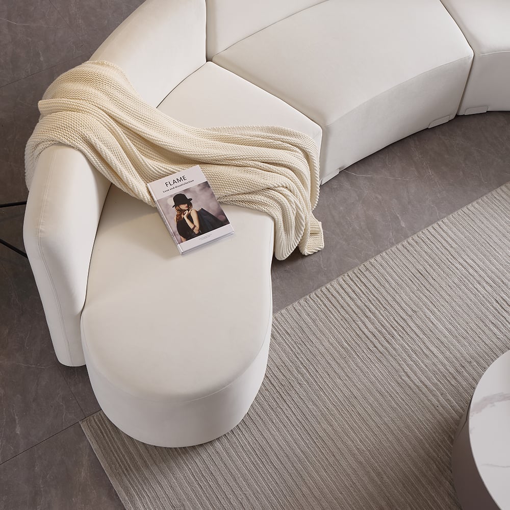 Modern White Curved Sectional Floor Sofa Velvet Upholstery for Living Room White
