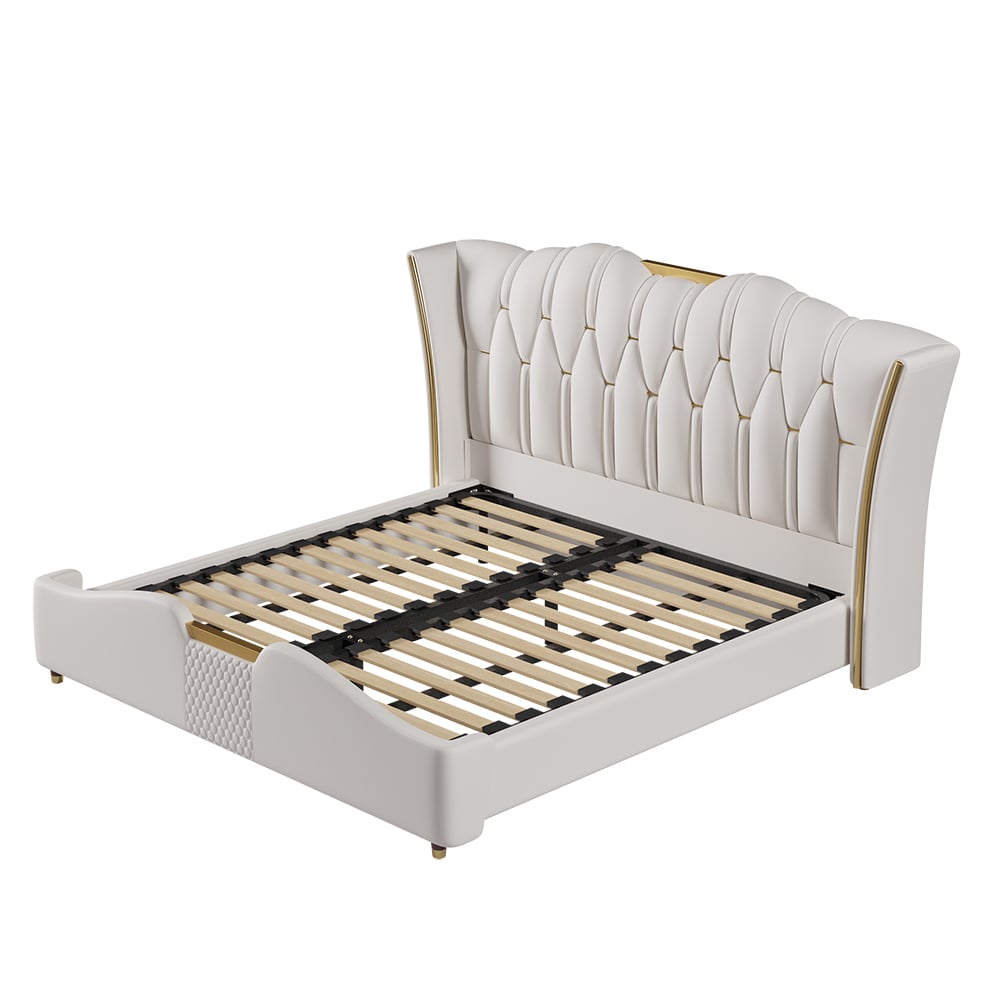 Modern Upholstered Tufted Bed with Wingback Headboard Off-White