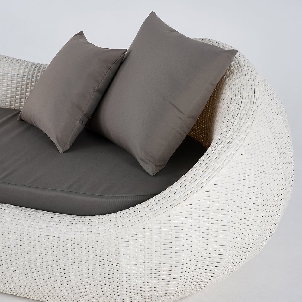 White Woven Rattan Round 75.2" Outdoor Sofa with Cushion & Pillow and Curved Back White