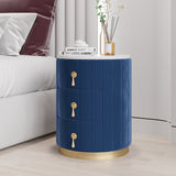 Modern Velvet Nightstand with Storage Sintered Stone Top Round Nightstand with 3 Drawers Blue