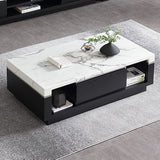 Modern Marble Coffee Table Black & White with Storage & Drawers in Wood White