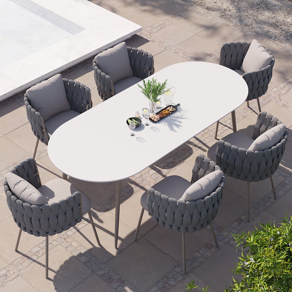 6 - Person Oval Faux Marble Top & Aluminum Outdoor Patio Dinning Table in White & Gray White & Gray