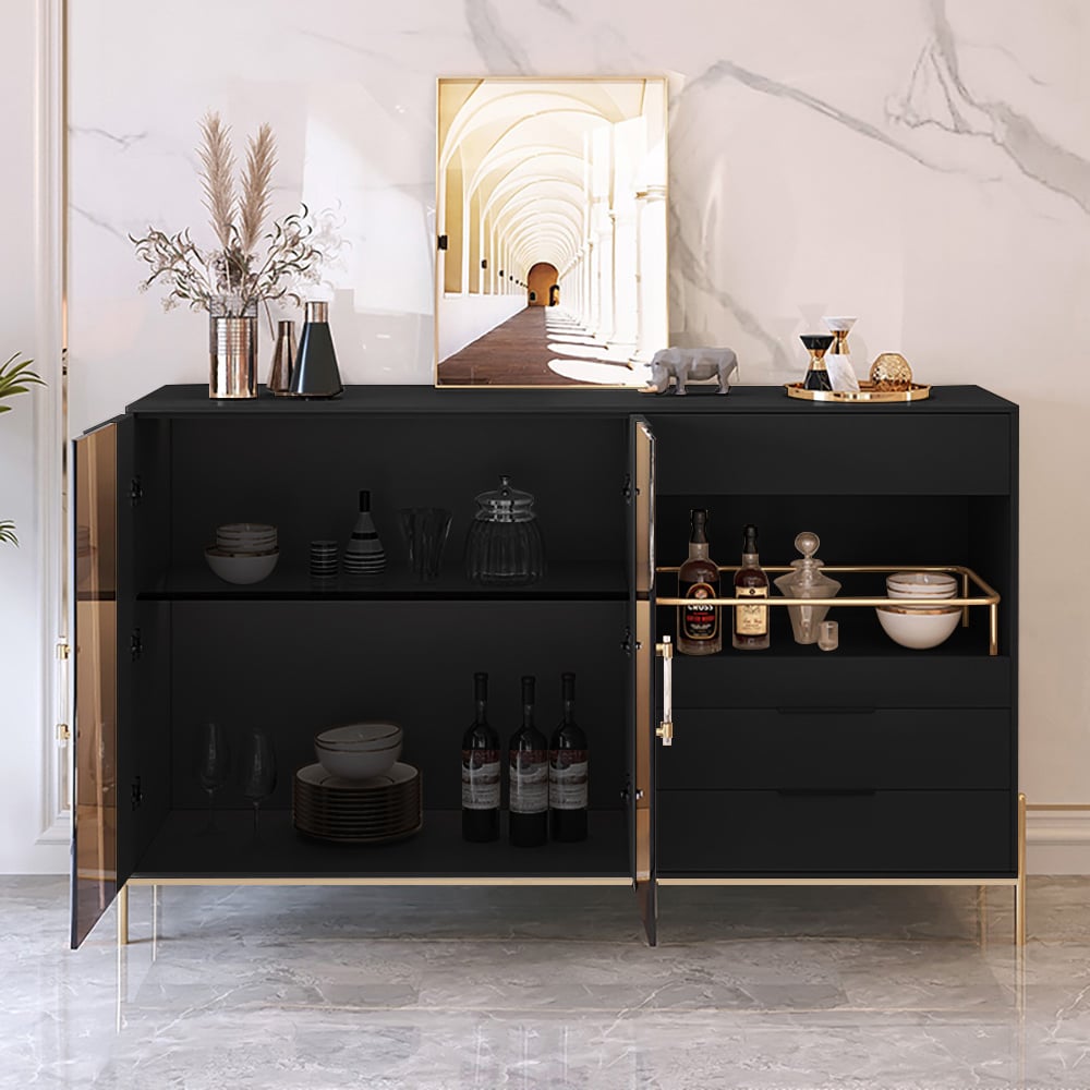 Dolawn Modern Sideboard Buffet Tempered Glass Doors & Shelf Tray Wine Rack Black