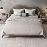 Modern Velvet Queen Bed Upholstered Platform Bed with Curved Headboard Light Gray